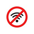 No wifi icon. Red ban circle sign. Prohibition wireless network pictogram.